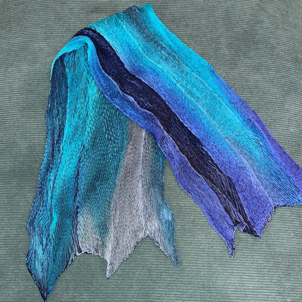Handpainted and dyed pure silk crinkle Blue Purple multicolored Textured Scarf
